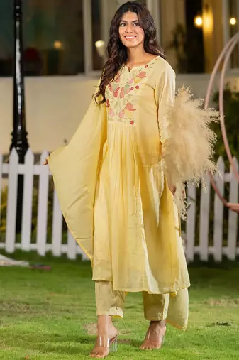 Floral Yoke Design Thread Work Cotton A-Line Kurta With Trousers & Dupatta