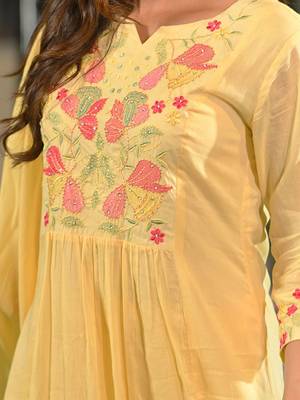 Floral Yoke Design Thread Work Cotton A-Line Kurta With Trousers & Dupatta 3