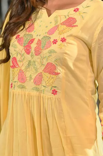 Floral Yoke Design Thread Work Cotton A-Line Kurta With Trousers & Dupatta
