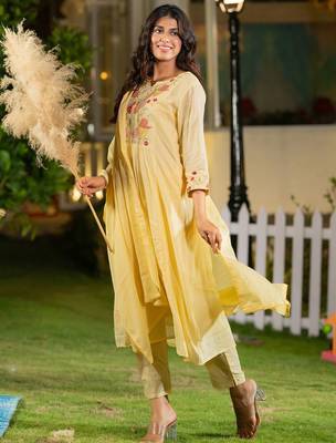 Floral Yoke Design Thread Work Cotton A-Line Kurta With Trousers & Dupatta 4