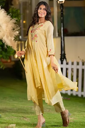 Floral Yoke Design Thread Work Cotton A-Line Kurta With Trousers & Dupatta