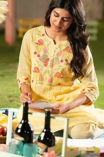 Floral Yoke Design Thread Work Cotton A-Line Kurta With Trousers & Dupatta