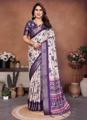 purple color digital print work cotton blend saree 1