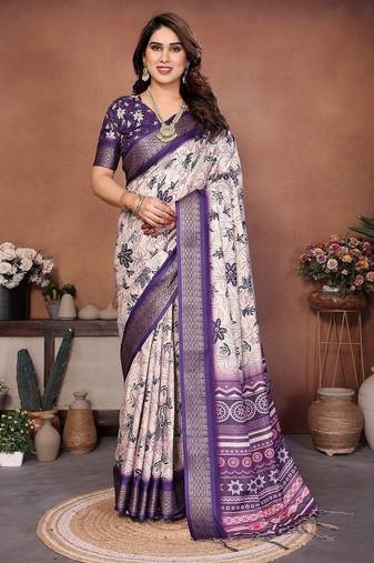 purple digital print work cotton blend saree