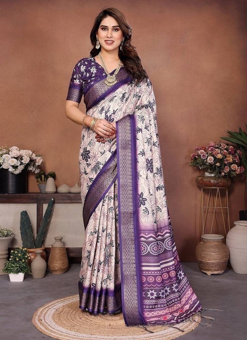 purple color digital print work cotton blend saree