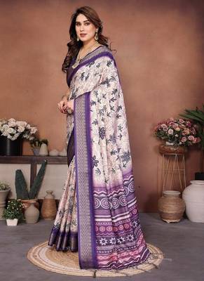 purple color digital print work cotton blend saree 2
