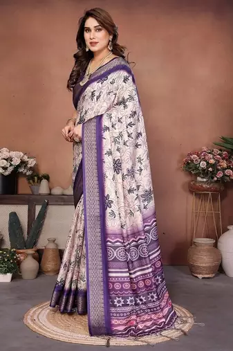 purple color digital print work cotton blend saree
