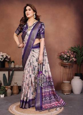 purple color digital print work cotton blend saree 3