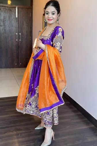 Purple silk blend embroidered flared gown set
