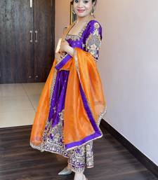 Purple silk blend embroidered flared gown set