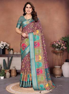 rama color digital print work cotton blend saree 1