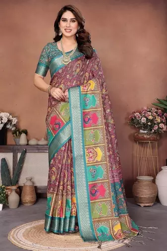 rama digital print work cotton blend saree