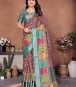 rama color digital print work cotton blend saree