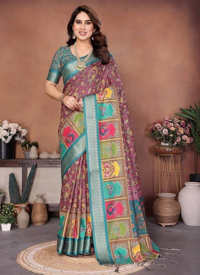 rama color digital print work cotton blend saree