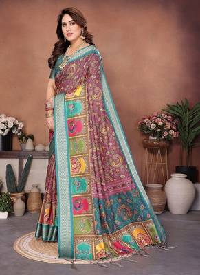 rama color digital print work cotton blend saree 2