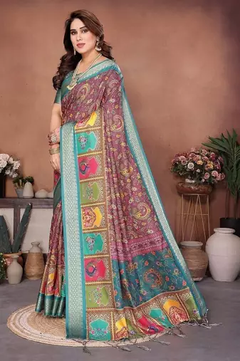 rama digital print work cotton blend saree