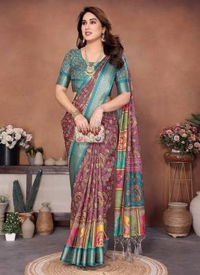 rama color digital print work cotton blend saree 3