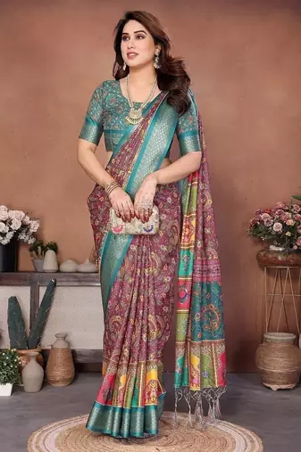 rama digital print work cotton blend saree