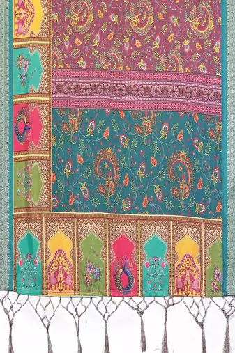 rama digital print work cotton blend saree