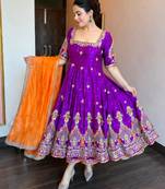 Purple silk blend embroidered flared gown set
