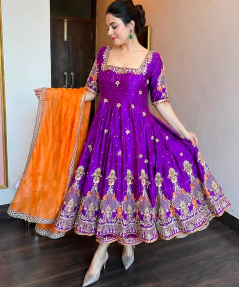 Purple silk blend embroidered flared gown set