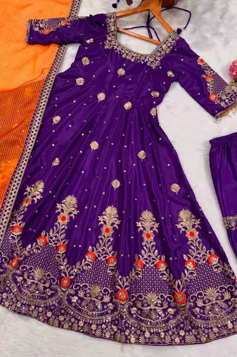 Purple silk blend embroidered flared gown set