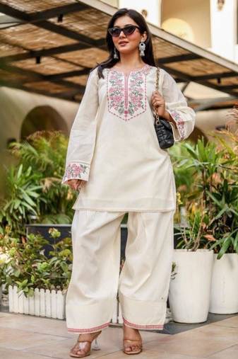 Off-white cotton poly embroidered farshi salwar set