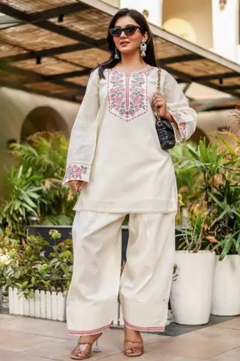 Off-white cotton poly embroidered farshi salwar set