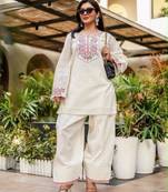 Off-white cotton poly embroidered farshi salwar set