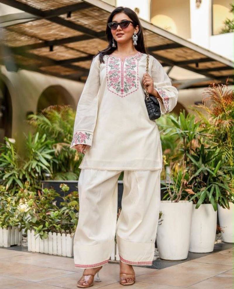 Off-white cotton poly embroidered farshi salwar set