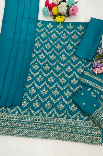 Blue silk blend embroidered palazzo set