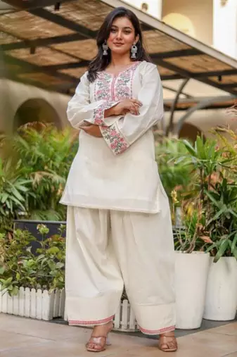 Off-white cotton poly embroidered farshi salwar set