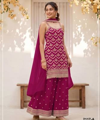 Rani-pink silk blend embroidered palazzo set 1