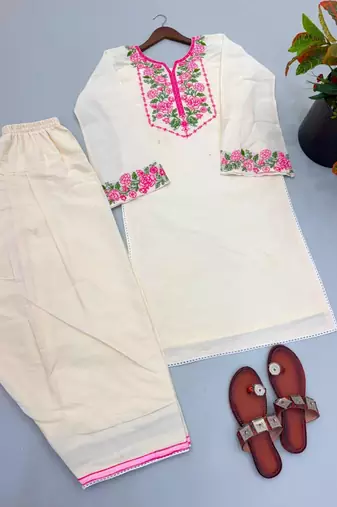 Off-white cotton poly embroidered farshi salwar set