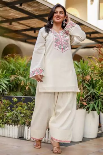 Off-white cotton poly embroidered farshi salwar set