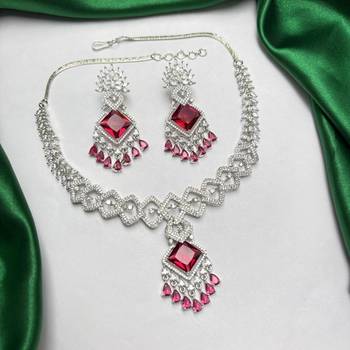 ruby red cubic zirconia bridal jewellery set, silver chandelier earrings necklace 1