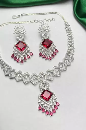 ruby red cubic zirconia bridal jewellery set, silver chandelier earrings necklace