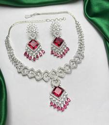 ruby red cubic zirconia bridal jewellery set, silver chandelier earrings necklace