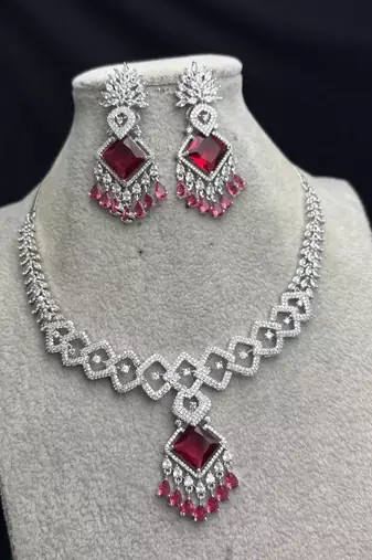 ruby red cubic zirconia bridal jewellery set, silver chandelier earrings necklace