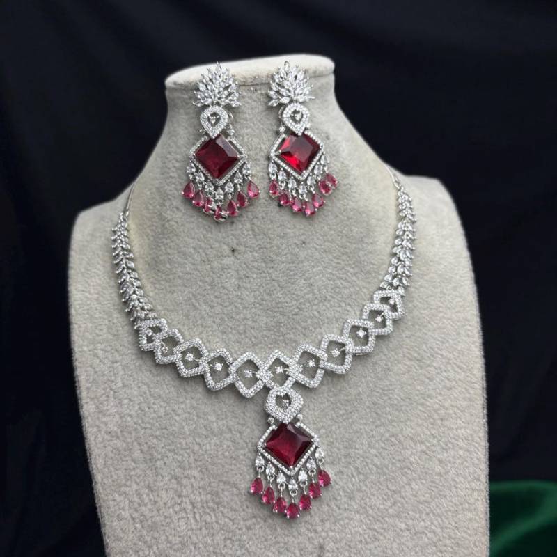 ruby red cubic zirconia bridal jewellery set, silver chandelier earrings necklace