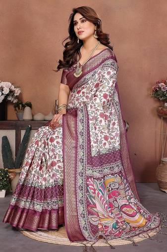 wine digital print work cotton blend saree