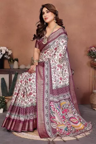 wine digital print work cotton blend saree