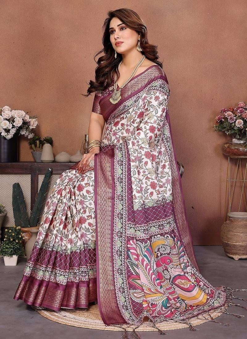 wine color digital print work cotton blend saree
