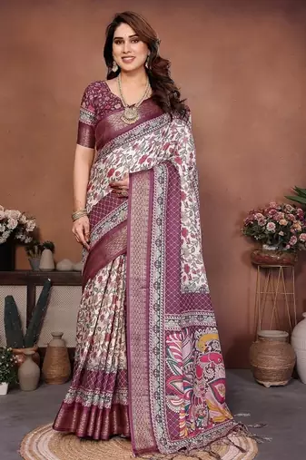 wine digital print work cotton blend saree