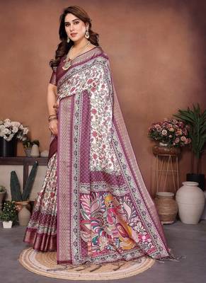 wine color digital print work cotton blend saree 3
