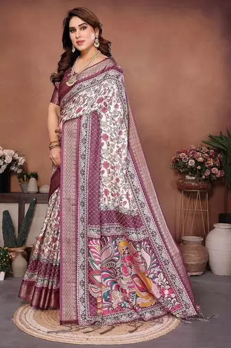 wine digital print work cotton blend saree