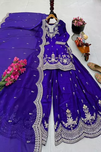 Purple satin embroidered sharara set