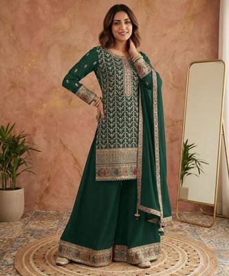 Dark-green silk blend embroidered palazzo set 1