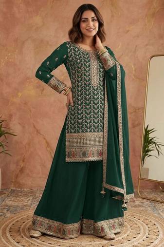 Dark-green silk blend embroidered palazzo set