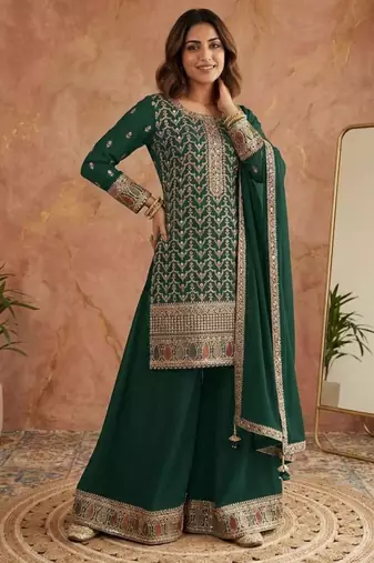 Dark-green silk blend embroidered palazzo set